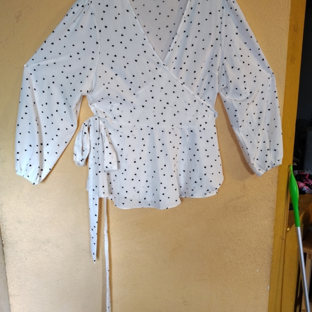 White and Blue 3/4 Sleeve Wrap Blouse with Tie Front